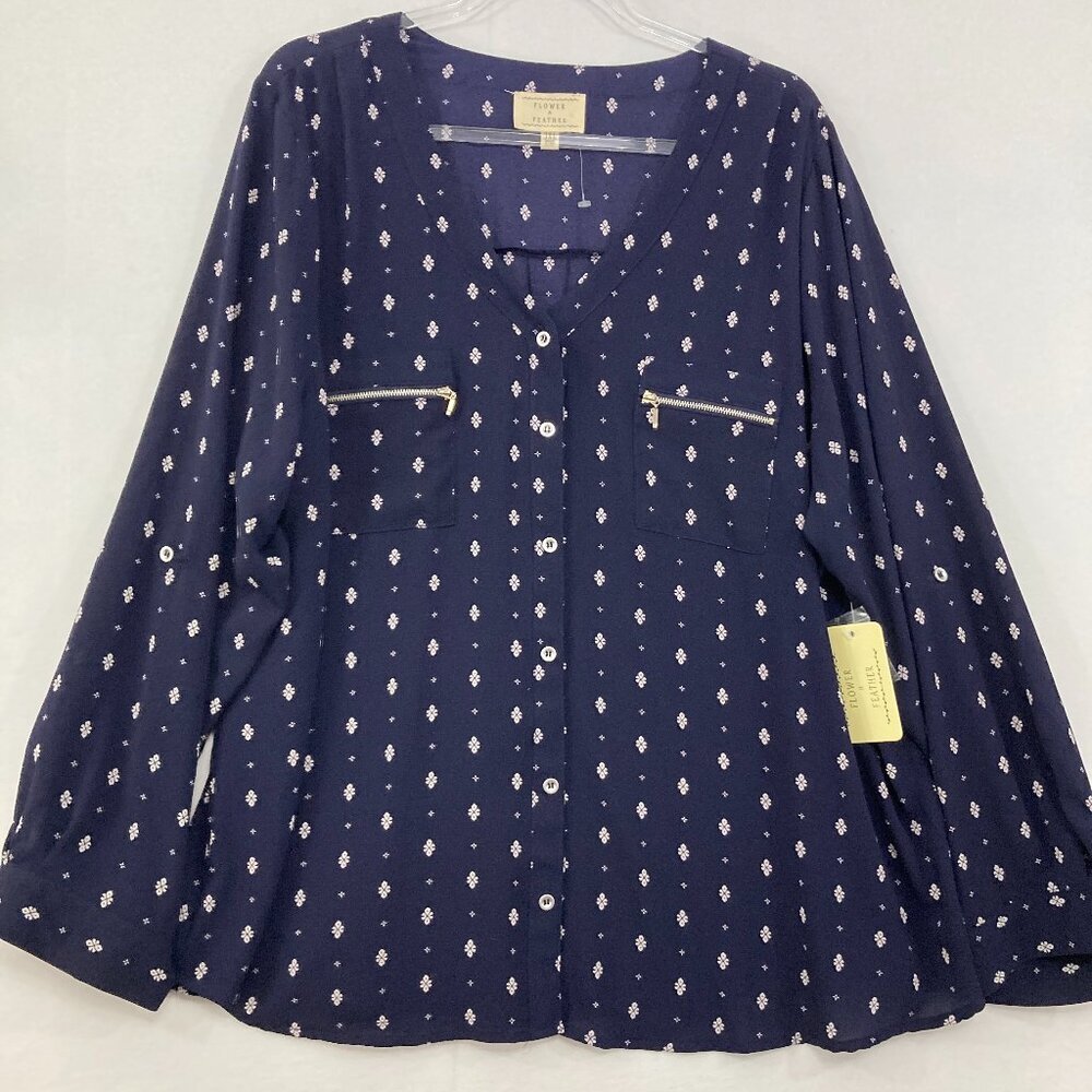 New Flower‎ & Feather size 2X Navy White Geometric V Neck Button Down Office